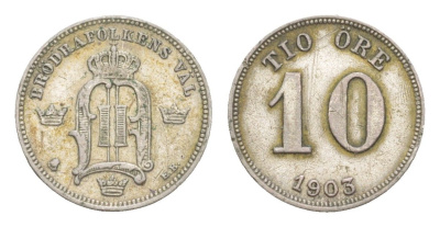 Швеция 10 эре 1903 EB, Оскар II (1872-1907) KM 755 серебро 4615-327