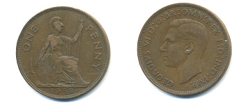 Великобритания 1 пенни 1938 Георг VI (1936-1952) KM 845, Spink 4114 бронза 89-141