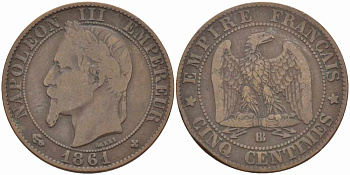 ФРАНЦИЯ 5 САНТИМОВ 1861 BB, НАПОЛЕОН III (1852-1870) KM 797.2, LE FRANC 117.3 бронза 108-454