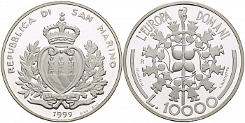 Сан-Марино 10000 лир 1999 Европейский союз, дети с воздушными шарами KM 411 серебро PROOF 00-000-00