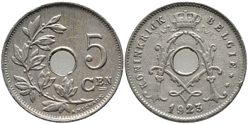 БЕЛЬГИЯ 5 САНТИМОВ 1923 BELGIE KM 67 медно-никель 76-127