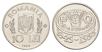 Румыния 10 леев 1995 N, 50 лет продовольственной программе - ФАО KM 117 сталь плакировнная никелем BU 11-264-21