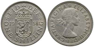 Великобритания 1 шиллинг 1958 Елизавета II (1952-2022), Шотландский герб KM 905, Spink 4148 медно-никель 4384-134