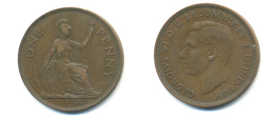 Великобритания 1 пенни 1938 Георг VI (1936-1952) KM 845, Spink 4114 бронза 89-141