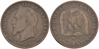 ФРАНЦИЯ 5 САНТИМОВ 1861 BB, НАПОЛЕОН III (1852-1870) KM 797.2, LE FRANC 117.3 бронза 108-454