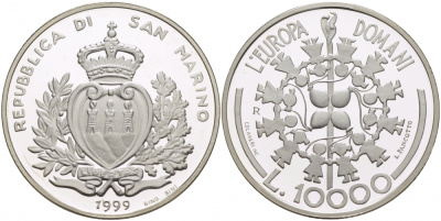 Сан-Марино 10000 лир 1999 Европейский союз, дети с воздушными шарами KM 411 серебро PROOF 00-000-00