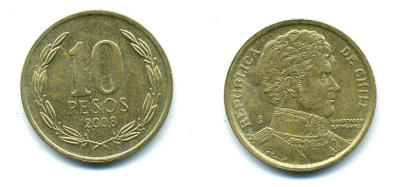 ЧИЛИ 10 ПЕСО 2008 ГЕНЕРАЛ БЕРНАРДО О ХИГГИНС KM 228.2 никель-бронза 37-732