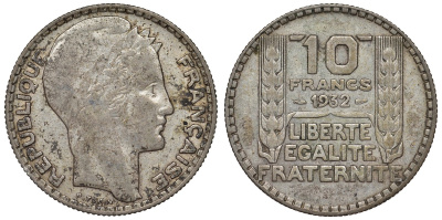 Франция 10 франков 1932 Пьер Тюрен KM 878, Le Franc 360.5 серебро 4123-542