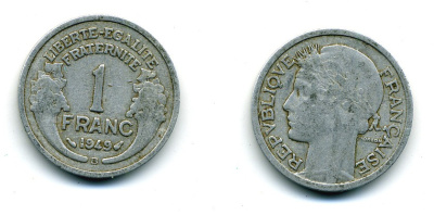 ФРАНЦИЯ 1 ФРАНК 1949 В, ТИП MORLON, LEGERE KM 885a 2, LE FRANC 221.16 алюминий 84-514