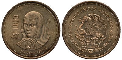 Мексика 1000 песо 1989 Мо, Хуана де Асбахе KM 536 алюминиевая бронза XF-UNC 118-832