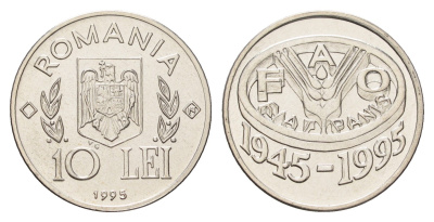 Румыния 10 леев 1995 N, 50 лет продовольственной программе - ФАО KM 117 сталь плакировнная никелем BU 11-264-21