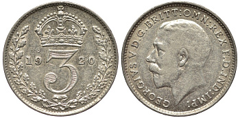 Великобритания 3 пенса 1920 Георг V (1910-1936), пограничный год KM 813 или 813a, Spink 4015 или 4026 серебро 4528-522