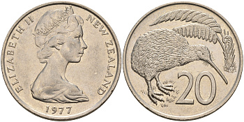 Новая Зеландия 20 центов 1977 Елизавета II (1952-2022), птичка киви KM 36.1 медно-никель 4599-1036