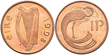 Ирландия 1 пенни 1998 мифологическая птица лира KM 20а сталь плакированная медью BUNC 4582-147