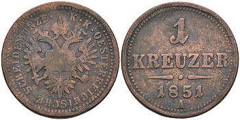 Австрия 1 крейцер 1851 A, Франц Иосиф I (1848-1916) KM 2185 медь 4586-441