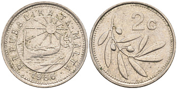 Мальта 2 цента 1986 оливковая ветвь KM 79 медно-никель 4585-1257