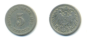Германия 5 пфеннигов 1893 J KM 11, Jager 12, Weege 6 медно-никель 4379-367