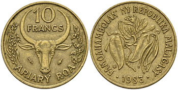 Мадагаскар 10 франков 1983 KM 11 алюминиевая бронза 4141-623
