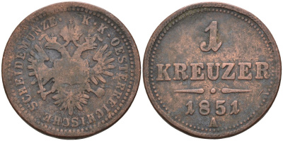 Австрия 1 крейцер 1851 A, Франц Иосиф I (1848-1916) KM 2185 медь 4586-441