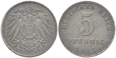 ГЕРМАНИЯ 5 ПФЕННИГОВ 1921 A KM 19, J. 297, Weege 5 железо 206-751