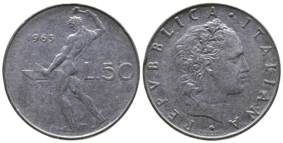 Италия 50 лир 1963 R, бог огня Вулкан у наковальни KM 95.1 нержавеющая сталь 85-112