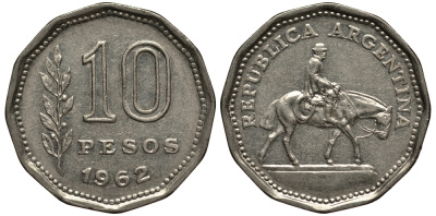 Аргентина 10 песо 1962 Гаучо KM 60 никелированная сталь XF- 4182-511