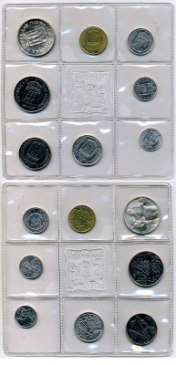 Сан-Марино годовой набор из 8 монет 1973 1, 2, 5, 10, 20, 50, 100 и 500 лир ребёнок держит голубя KM 22-29, в оригинальной пластиковой запайке серебро KM MS2 серебро UNC 3-4-5-16