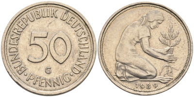 ФРГ 50 пфеннигов 1989 G, посади свое дерево КМ 109.2, J. 384a медно-никель 4573-136