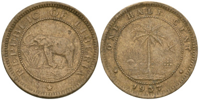 Либерия 1/2 цента 1937 KM 10 латунь 4174-337