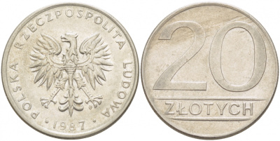 ПОЛЬША 20 ЗЛОТЫХ 1987 MW KM 153.1 медно-никель 213-845