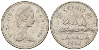 Канада 5 центов 1982 Елизавета II (1952-2022), бобр KM 60.2a медно-никель aUNC 4617-931