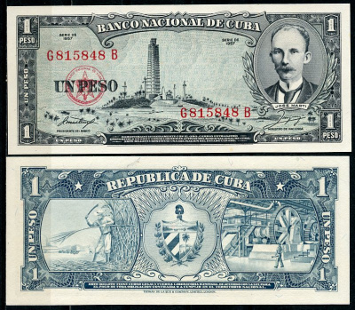 Куба 1 песо 1957 портрет Хосе Марти, монумент Pick 87 b  бумага  UNC (пресс) 446-18-1-1