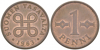 Финляндия 1 пенни 1963 первый год KM 44 медь 3718-111