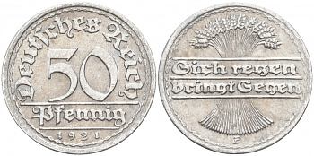 ГЕРМАНИЯ 50 ПФЕННИГОВ 1921 G KM 27, J. 301 алюминий 73-1625