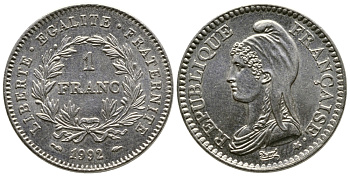 Франция 1 франк 1992 200 лет Французской республике KM 1004.1, Le Franc 229.2 никель 91-136