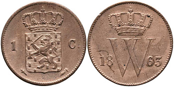 Нидерланды 1 цент 1863 Виллем III (1849-1890) KM 100 медь 117-447