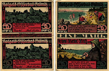 ГРЁМИЦ, ГЕРМАНИЯ 1 МАРКА 1921 НОТГЕЛЬД, ЗЕМЛЯ ШЛЕЗВИГ-ГОЛЬШТЕЙН, 12 МАЯ 1921, ПЕРФОРАЦИЯ, 50 + 50 ПФЕННИГОВ ARNOLD KELLER 474.1 бумага 7487-52-2-1