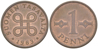 Финляндия 1 пенни 1963 первый год KM 44 медь 3718-111