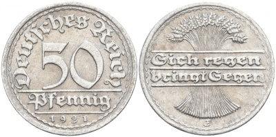 ГЕРМАНИЯ 50 ПФЕННИГОВ 1921 G KM 27, J. 301 алюминий 73-1625