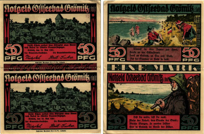 ГРЁМИЦ, ГЕРМАНИЯ 1 МАРКА 1921 НОТГЕЛЬД, ЗЕМЛЯ ШЛЕЗВИГ-ГОЛЬШТЕЙН, 12 МАЯ 1921, ПЕРФОРАЦИЯ, 50 + 50 ПФЕННИГОВ ARNOLD KELLER 474.1 бумага 7487-52-2-1