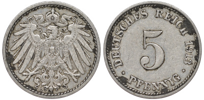 ГЕРМАНИЯ 5 ПФЕННИГОВ 1913 D, KM 11, J. 12 медно-никель 45-1136