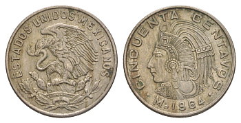 Мексика 50 сентаво 1964 Куаутемок, последний правитель империи ацтеков KM 451 медно-никель 4646-324