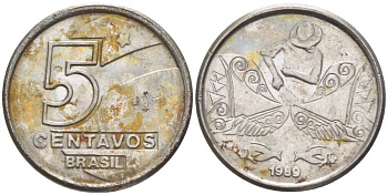 БРАЗИЛИЯ 5 СЕНТАВО 1989 РЕФОРМА 1989-1990 KM 612 нержавеющая сталь 105-833