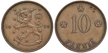 Финляндия 10 пенни 1939 KM 24 медь 51-3151
