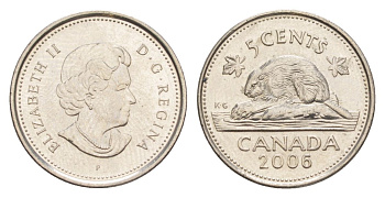 Канада 5 центов 2006 Leaf, Елизавета II (1952-2022), бобр KM 491 сталь плакированная никелем UNC 4630-761