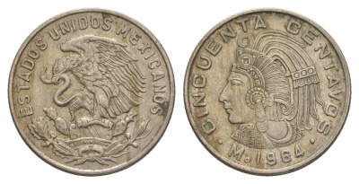 Мексика 50 сентаво 1964 Куаутемок, последний правитель империи ацтеков KM 451 медно-никель 4646-324