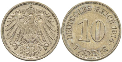 ГЕРМАНИЯ 10 ПФЕННИГОВ 1914 E KM 12, J. 13, Weege 8 медно-никель 212-245