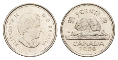Канада 5 центов 2006 Leaf, Елизавета II (1952-2022), бобр KM 491 сталь плакированная никелем UNC 4630-761