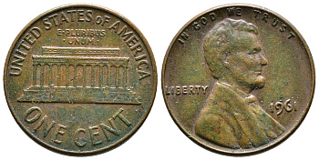 США 1 цент 1961 Авраам Линкольн KM 201 медь цинк 83-1247
