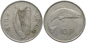 Ирландия 10 пенсов 1969 лосось KM 23 медно-никель 3855-941